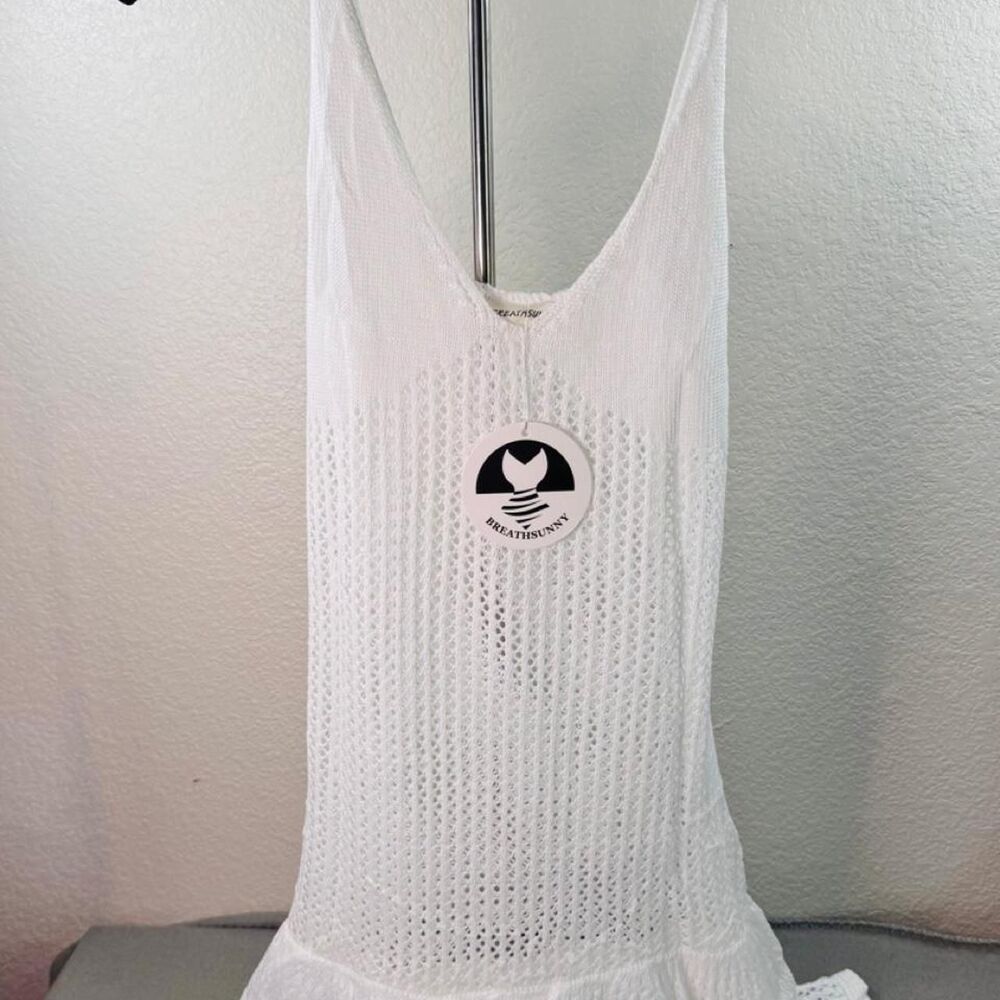 BreathSunny White Crochet Cover Up Women's Size M Ruffle Hem Beach Dress NWT - Picture 4 of 7